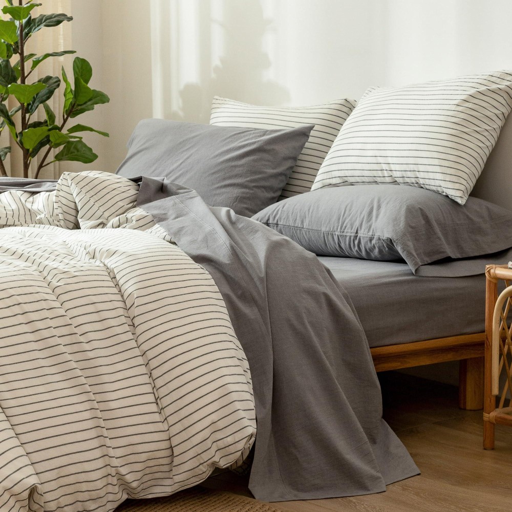 Moomee Bedding Sheet Set 100 Washed Cotton Linen Like Textured Breathable Durable Soft Comfy Light Grey King