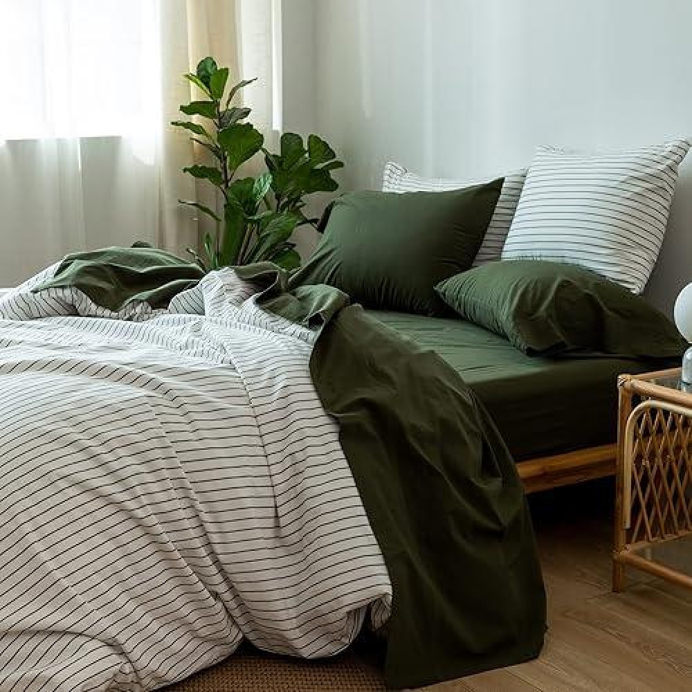 Moomee Bedding Sheet Set 100 Washed Cotton Linen Like Textured Breathable Durable Soft Comfy Olive Green Queen