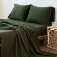 Moomee Bedding Sheet Set 100 Washed Cotton Linen Like Textured Breathable Durable Soft Comfy Olive Green Queen