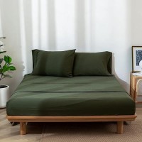 Moomee Bedding Sheet Set 100 Washed Cotton Linen Like Textured Breathable Durable Soft Comfy Olive Green Queen