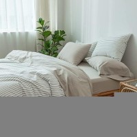 Moomee Bedding Sheet Set 100 Washed Cotton Linen Like Textured Breathable Durable Soft Comfy Cream Grey King