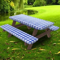 Umineux Picnic Table Cover With Bench Covers Fitted Table Clothes For 6 Foot Rectangle Tables Vinyl Flannel Backing With Elastic Edge -For Outdoor/Indoor Party&Dining(30X72 Inch,3-Pieces,Blue Plaid)