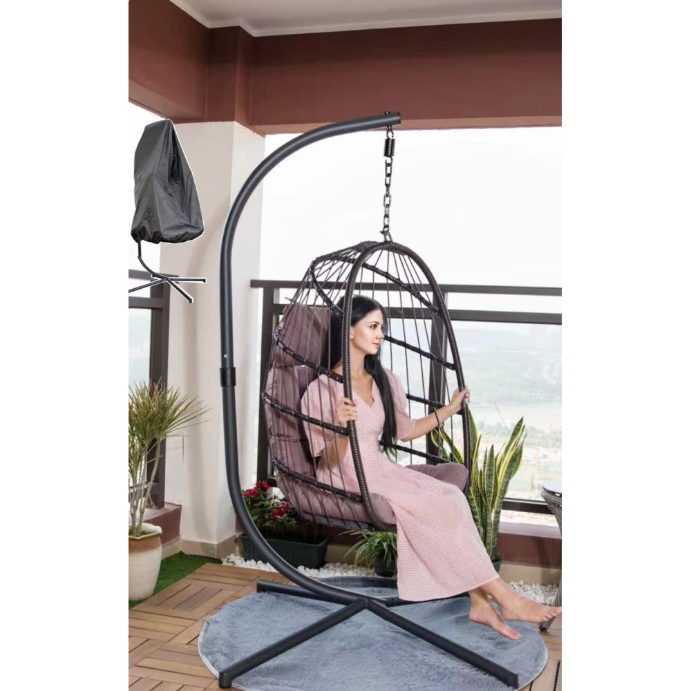 Mojia Egg Chair With Stand And Oxford Cover, 450Lbs Capacity Patio Wicker Hanging Swing Chair With Uv Resistant Cushion And Foldable Seat Basket