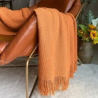 Lomao Knitted Throw Blanket With Tassels Bubble Textured Lightweight Throws For Couch Cover Home Decor Orange 60X80