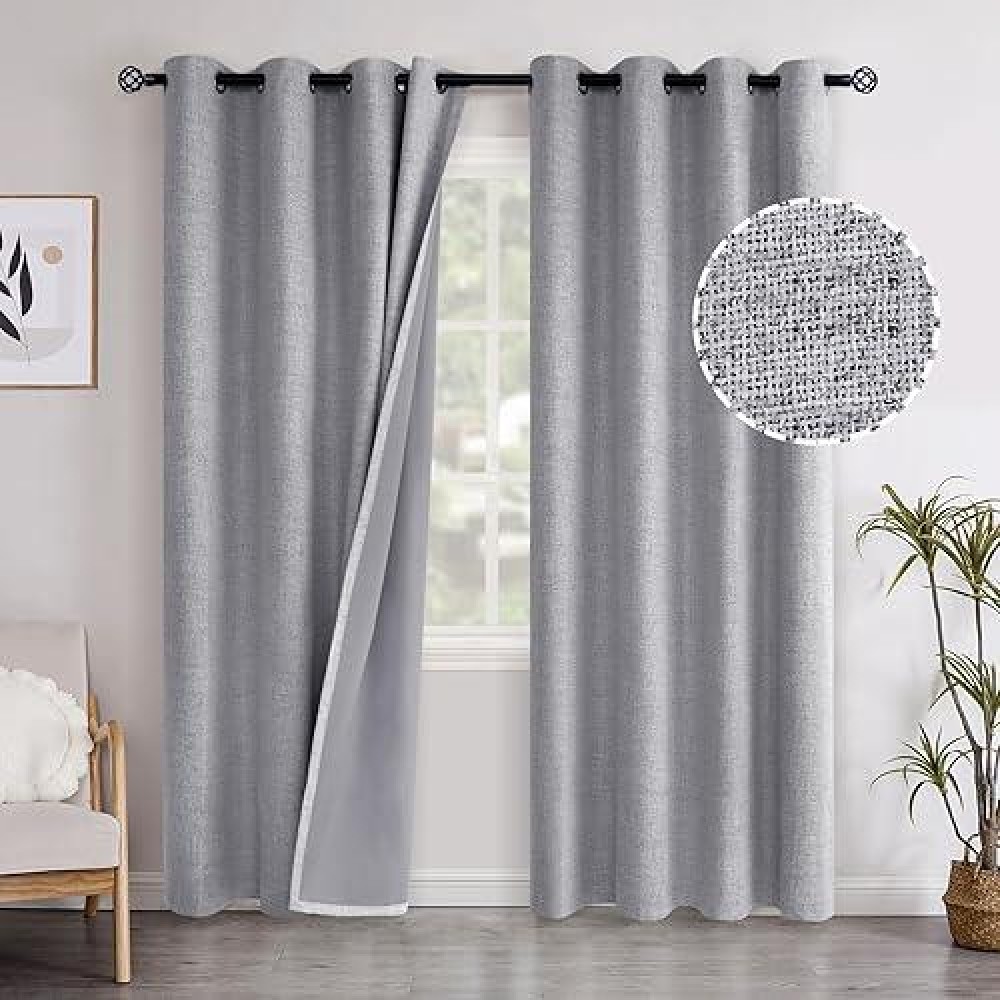 Youngstex Blackout Linen Curtains For Living Room 84 Inches Long Grey Linen Textured Full Room Darkening Window Curtain Drapes