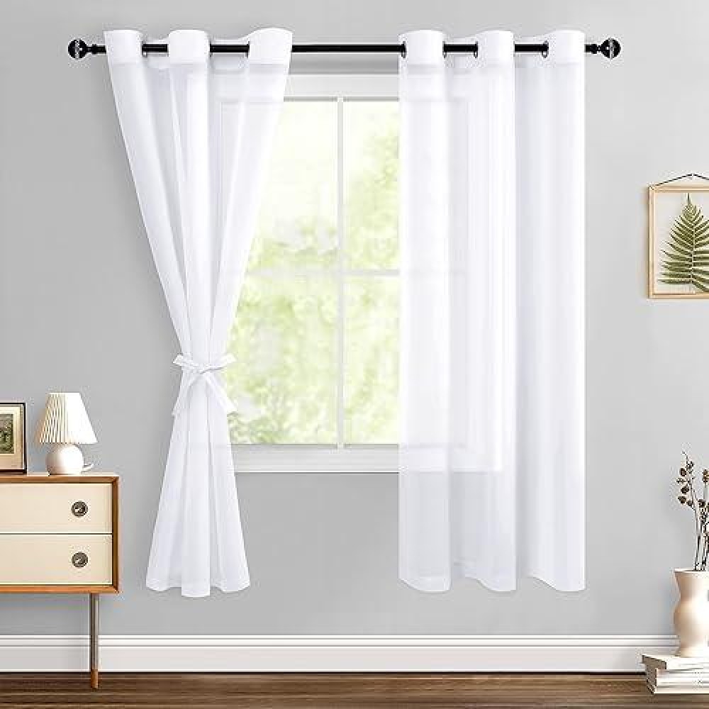 Hiasan White Sheer Curtains For Bedroom With Tiebacks Lightweight Airy Breathable Voile Drapes Light Filtering Grommet Window C