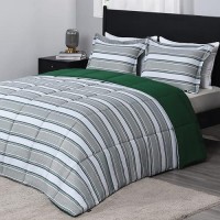 Downluxe King Size Comforter Set 104X92 3Piece Stripes Green Reversible Comforter 2 Reversible Pillow Shams 20X36 Mic