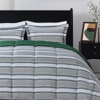 Downluxe King Size Comforter Set 104X92 3Piece Stripes Green Reversible Comforter 2 Reversible Pillow Shams 20X36 Mic