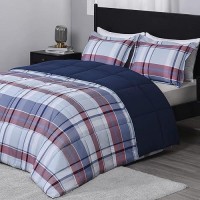 Downluxe King Size Comforter Set 104X92 3Piece Plaid Navy Reversible Comforter 2 Reversible Pillow Shams 20X36 Microf