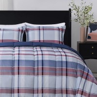 Downluxe King Size Comforter Set 104X92 3Piece Plaid Navy Reversible Comforter 2 Reversible Pillow Shams 20X36 Microf