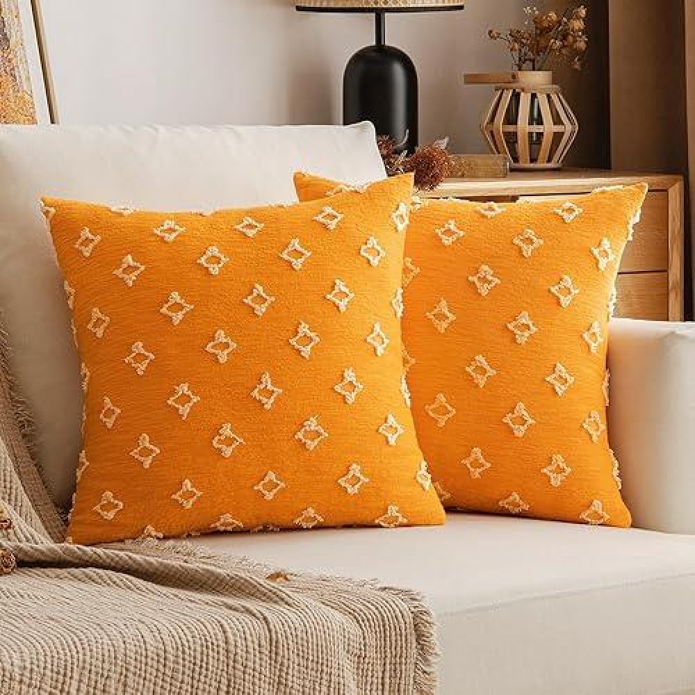 Emema Fall Orange Decorative Throw Pillow Covers 18X18 Inch Rhombic Jacquard Pillowcase Cushion Case Square For Couch Sofa Bed L