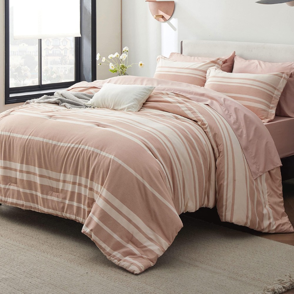 Bedsure Bed In A Bag King Size 7 Pieces Dusty Pink White Striped Bedding Comforter Sets All Season Bed Set 2 Pillow Shams Fla