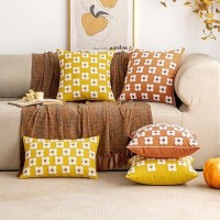 Emema Fall Yellow Decorative Throw Pillow Covers 20X20 Inch Set Of 2 Sun Flower Jacquard Daisy Cute Pillowcase Cushion Case Squa