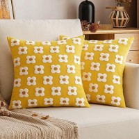 Emema Fall Yellow Decorative Throw Pillow Covers 16X16 Inch Set Of 2 Sun Flower Jacquard Daisy Cute Pillowcase Cushion Case Squa