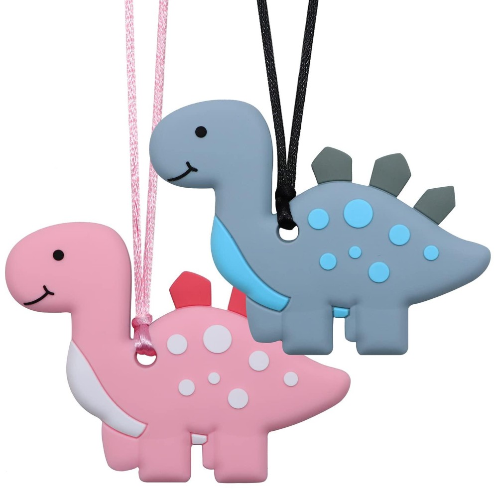 Sensory Chew Necklaces For Kids, Boys, And Girls - 2 Pack Dinosaur Silicone Chewy Toys For Autism, Adhd, Spd, Oral Motor Chewing Necklaces For Adults