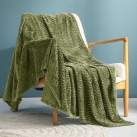 Exclusivo Mezcla Olive Green Fleece Throw Blanket For Couch Bed Super Soft Cozy Blankets With Decorative Wave Textured Lightwe