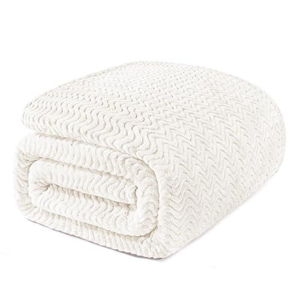 Exclusivo Mezcla Off White Fleece Twin Size Blanket For Bed Super Soft Cozy Blankets With Decorative Wave Textured Lightweight