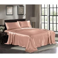 Satin Sheets Full 4Piece Rose Gold Hotel Luxury Silky Bed Sheets Extra Soft 1800 Microfiber Sheet Set Wrinkle Fade Stai