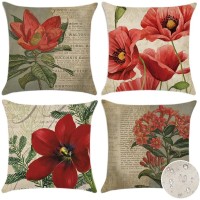 Artscope Set Of 4 Decorative Throw Pillow Covers 20X20 Inches, Vintage Red Flower Pattern Waterproof Cushion Covers, Perfect To Outdoor Patio Garden Living Room Sofa Farmhouse Decor