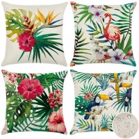 Artscope Set Of 4 Decorative Throw Pillow Covers 20X20 Inches, Tropical Plants And Flowers And Birds Pattern Waterproof Cushion Covers, Perfect To Outdoor Patio Garden Living Room Sofa Farmhouse Decor