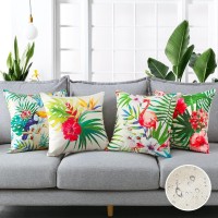 Artscope Set Of 4 Decorative Throw Pillow Covers 20X20 Inches, Tropical Plants And Flowers And Birds Pattern Waterproof Cushion Covers, Perfect To Outdoor Patio Garden Living Room Sofa Farmhouse Decor
