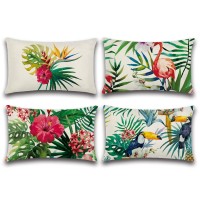 Artscope Set Of 4 Decorative Throw Pillow Covers 12X20 Inches, Tropical Plants And Flowers And Birds Pattern Waterproof Cushion Covers, Perfect To Outdoor Patio Garden Living Room Sofa Farmhouse Decor