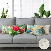 Artscope Set Of 4 Decorative Throw Pillow Covers 12X20 Inches, Tropical Plants And Flowers And Birds Pattern Waterproof Cushion Covers, Perfect To Outdoor Patio Garden Living Room Sofa Farmhouse Decor