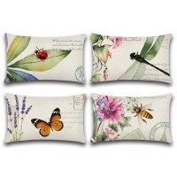 Artscope Set Of 4 Waterproof Throw Pillow Covers 12X20 Inches, Decorative Spring Cushion Covers For Outdoor Patio Garden Living Room Sofa Farmhouse Decor (Insects & Plant)
