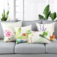 Artscope Set Of 4 Waterproof Throw Pillow Covers 12X20 Inches, Decorative Spring Cushion Covers For Outdoor Patio Garden Living Room Sofa Farmhouse Decor (Insects & Plant)