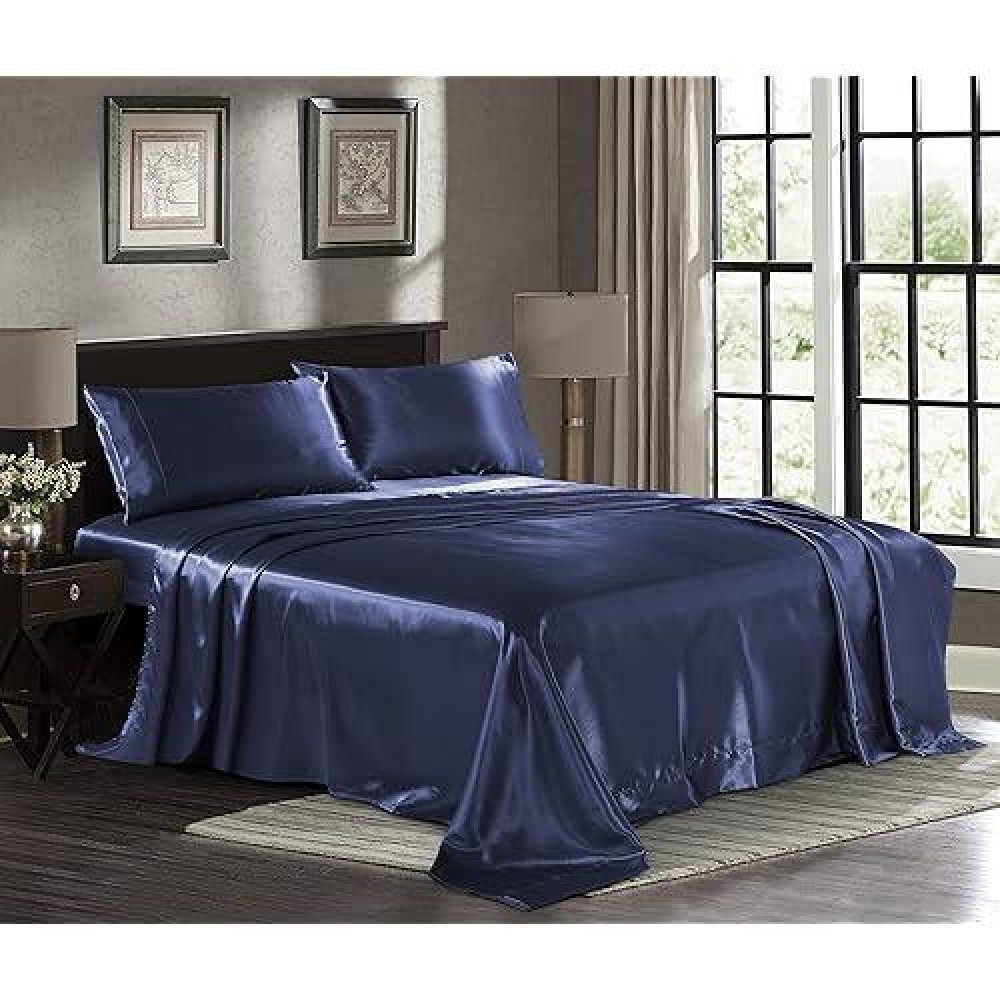 Satin Sheets King 4Piece Midnight Blue Hotel Luxury Silky Bed Sheets Extra Soft 1800 Microfiber Sheet Set Wrinkle Fade