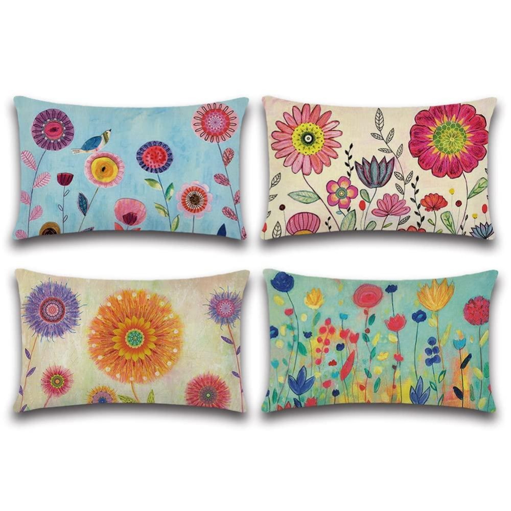 Artscope Set Of 4 Decorative Throw Pillow Covers 12X20 Inches, Flowers Pattern Waterproof Cushion Covers, Perfect To Outdoor Patio Garden Living Room Sofa Farmhouse Decor