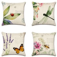Artscope Set Of 4 Waterproof Throw Pillow Covers 16X16 Inches, Decorative Spring Cushion Covers For Outdoor Patio Garden Living Room Sofa Farmhouse Decor (Insects & Plant)