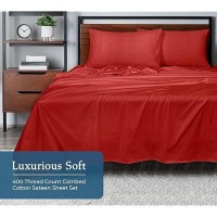 Royale Linens 400 Thread Count 100% American Grown Cotton 4 Piece Sateen King Sheet Set - 1 Fitted Sheet  1 Flat Sheet  2 Pillow Case - Red Bedsheet - Cotton Sheets - (King  Red)