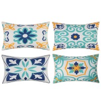 Outdoor Waterproof Throw Pillow Covers Set Of 4 Floral Printed And Boho Farmhouse Outdoor Pillow Covers For Patio Funiture Garden 12X20 Inch Blue