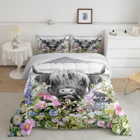 Highland Cow Comforter Set Full Colorful Cow Skin Flowers Bedding Set For Kids Teens Girls Adults Room Decor Plants Western Farm