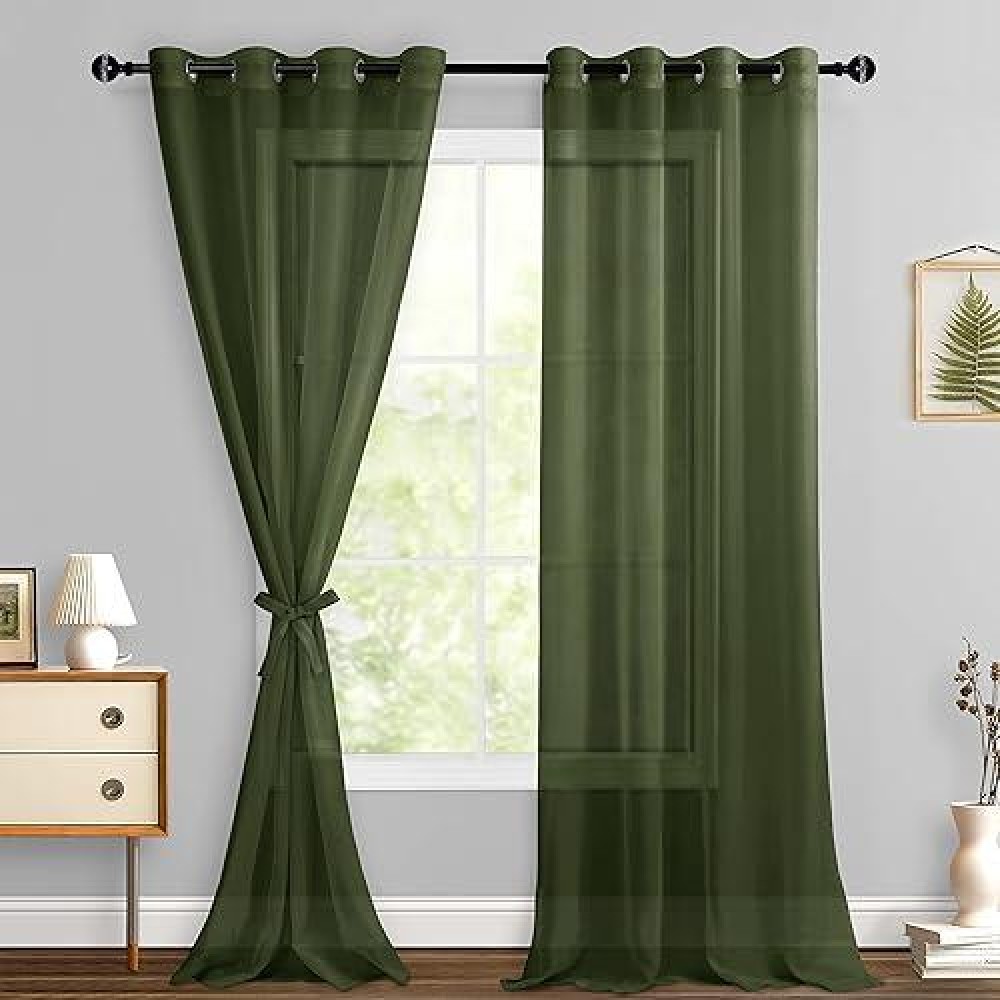 Hiasan Olive Green Sheer Curtains For Bedroom With Tiebacks Light Filtering Airy Voile Textured Drapes Lightweight Grommet Wind