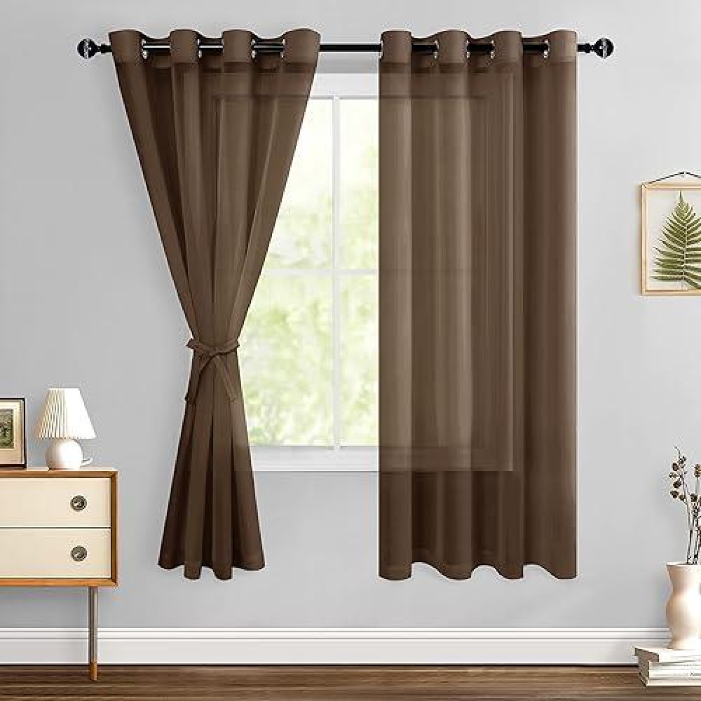 Hiasan Sheer Curtains 63 Inch Length With Tiebacks Light Filtering Airy Breathable Grommet Voile Window Curtains For Living Roo