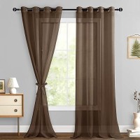 Hiasan Brown Sheer Curtains For Bedroom With Tiebacks Grommet Top Light Filtering Voile Drapes Airy Breathable Window Curtains