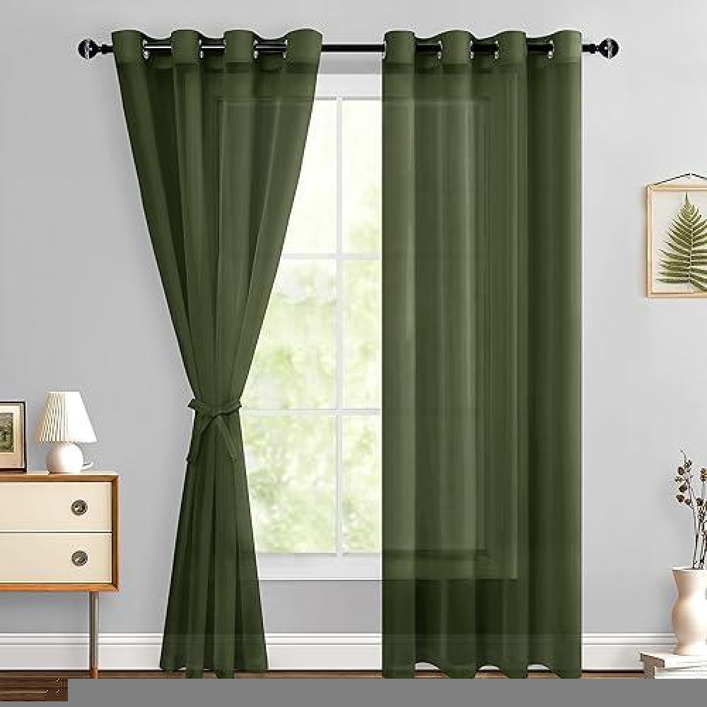 Hiasan Sheer Curtains For Living Room With Tiebacks Grommet Top Light Filtering Voile Drapes Lightweight Window Curtains For Be