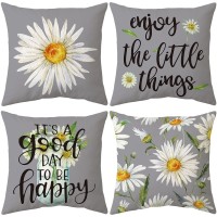 Throw Pillow Cover Farmhouse Daisy Floral - 18 X 18 Gray White Sunflower Pillow Cushion Cover - Set Of 4 Square Spring Summer Cushion Case, Great For Couch, Livingroom, Bedroom, Patio, Outdoor Decor