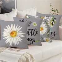 Throw Pillow Cover Farmhouse Daisy Floral - 18 X 18 Gray White Sunflower Pillow Cushion Cover - Set Of 4 Square Spring Summer Cushion Case, Great For Couch, Livingroom, Bedroom, Patio, Outdoor Decor