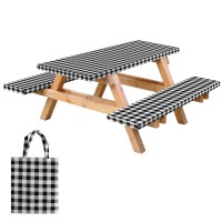 Rnoony Vinyl Fitted Picnic Table Cover With Bench Covers And Bag, Outdoor Waterproof Picnic Tablecloth With Elastic Edges, 96X30 Inches 3 Pcs Set (Black)