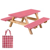 Rnoony Vinyl Fitted Picnic Table Cover With Bench Covers And Bag, Outdoor Waterproof Picnic Tablecloth With Elastic Edges, 96X30 Inches 3 Pcs Set (Red)