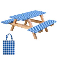 Rnoony Vinyl Fitted Picnic Table Cover With Bench Covers And Bag, Outdoor Waterproof Picnic Tablecloth With Elastic Edges, 72X30 Inches 3 Pcs Set (Blue)