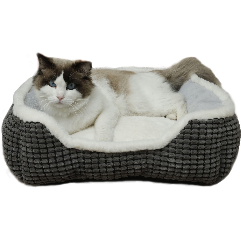 Dog Bed For Small Dogs,Cute Cat Bed For Indoor Cats,Washabel Super Soft Durable Kitten Bed And Puppy Bed,?Anti-Slip & Water-Resistant Bottom,Luxury Square Grey Small Aninal Bed