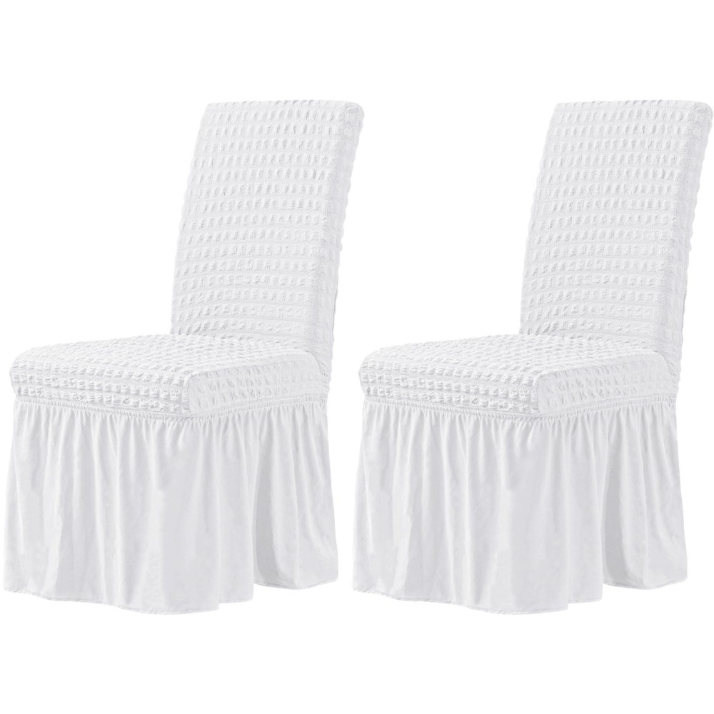 Chun Yi White Chair Covers For Dining Room Set Of 2, Universal Stretch Dining Room Chair Covers With Skirt, Removable Parsons Chair Slipcover For Kitchen Wedding Party Banquet