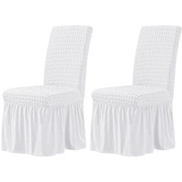 Chun Yi White Chair Covers For Dining Room Set Of 2, Universal Stretch Dining Room Chair Covers With Skirt, Removable Parsons Chair Slipcover For Kitchen Wedding Party Banquet