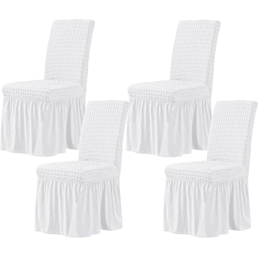 Chun Yi White Chair Covers For Dining Room Set Of 4, Universal Stretch Dining Room Chair Covers With Skirt, Removable Parsons Chair Slipcover For Kitchen Wedding Party Banquet