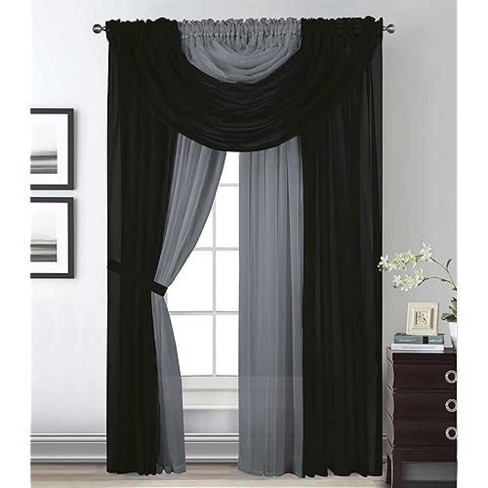 Sapphire Home Window Sheer Curtains - Two Tone 4 Panels Set With Valance And Tiebacks  55