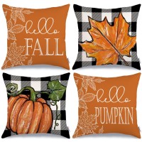 Geeory Fall Pillow Covers 20X20 Set Of 4 For Fall Decor Buffalo Plaid Pumpkin And Maple Leaves Outdoor Fall Pillows Decorative T